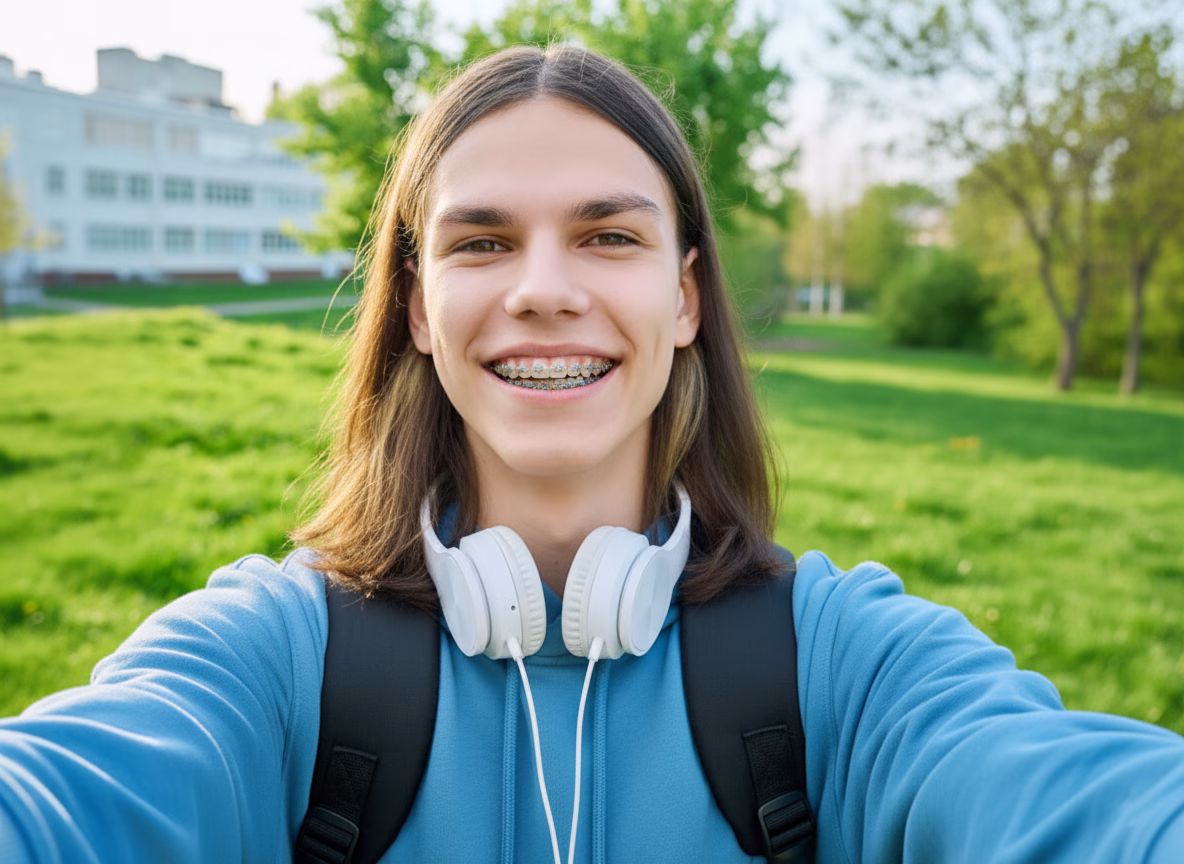 joven mostrando sus brackets metálicos